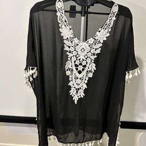 Black Sheer Cover-Up with White Lace Detail